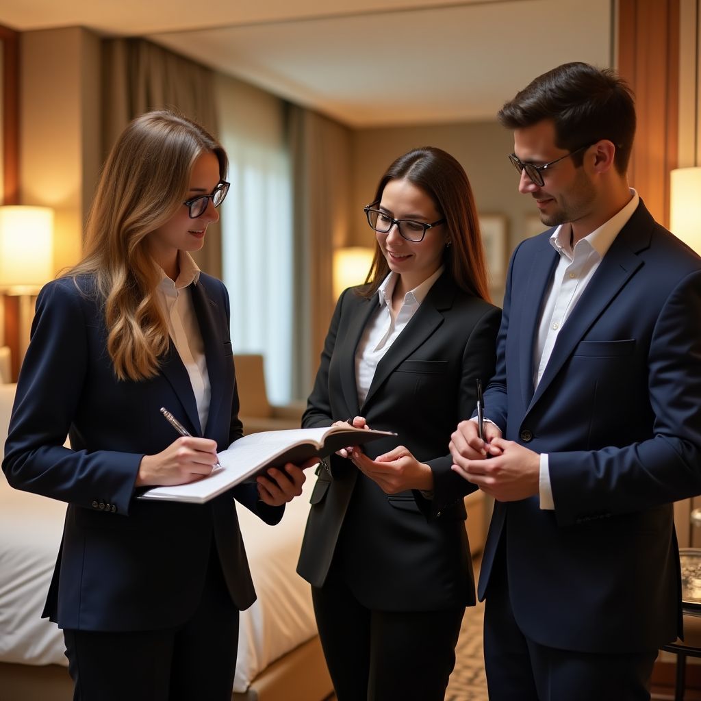 Équipe d'Hôtels de France évaluant un établissement de luxe